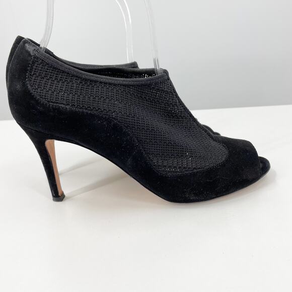 L.K. Bennett Lara Black Suede Mesh Peep Toe Booties Heels 38 7 Dark Romantic - Picture 3 of 12